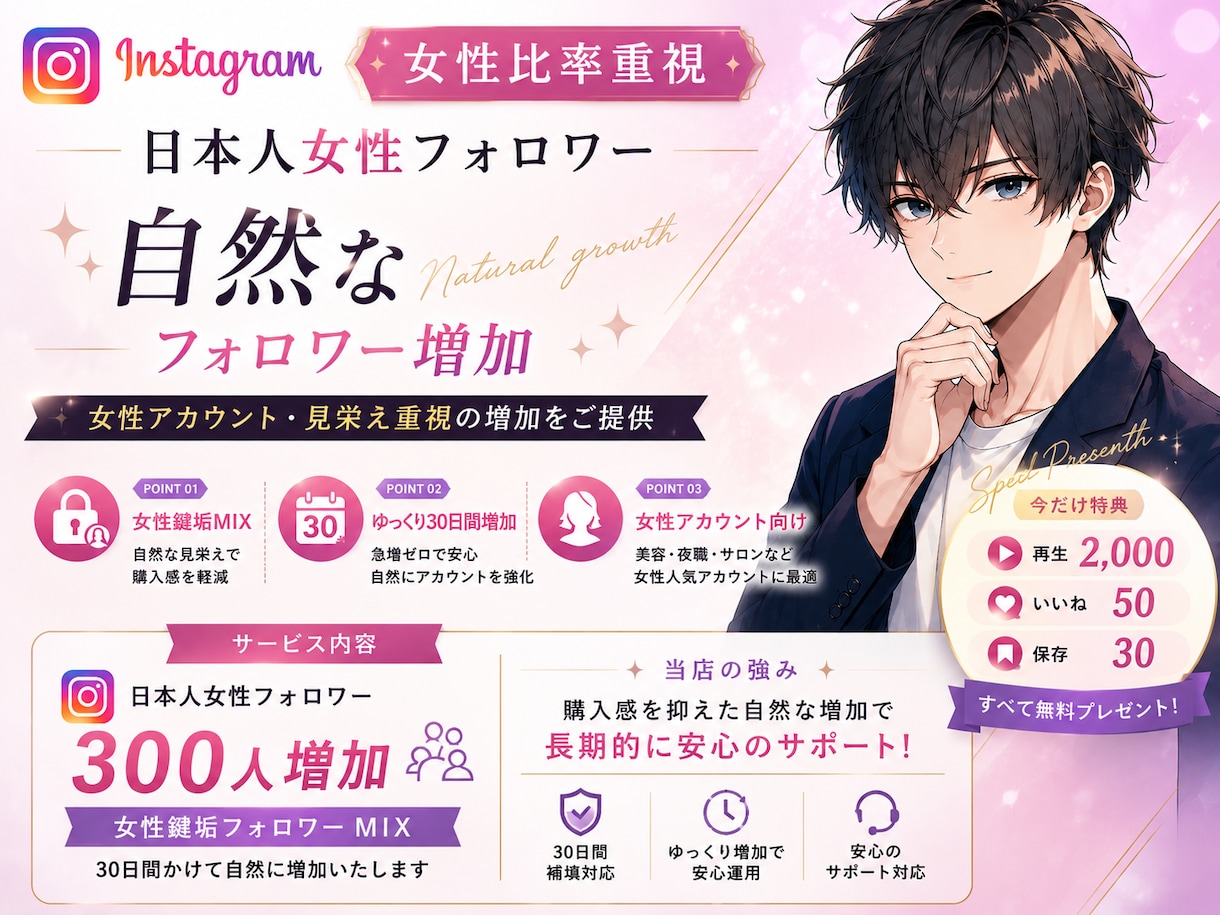 Instagram女性☆ゆっくり30日間で増加ます 業界初！女性300人(女性垢＋鍵垢女性MIX)自然増加 イメージ1