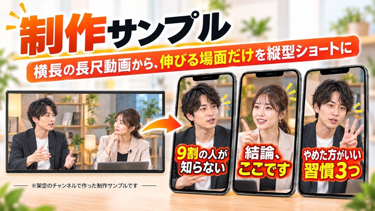 長尺動画の見どころを縦型ショートに切り抜きます 1本10,000円。テロップ・BGM付きの縦型に イメージ2