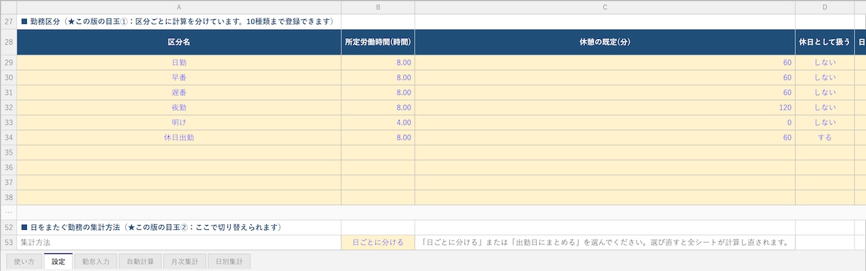 夜勤・交替制シフト専用の勤怠集計Excel作ります 日をまたぐ勤務を、日ごとに分けて数えます。 イメージ3