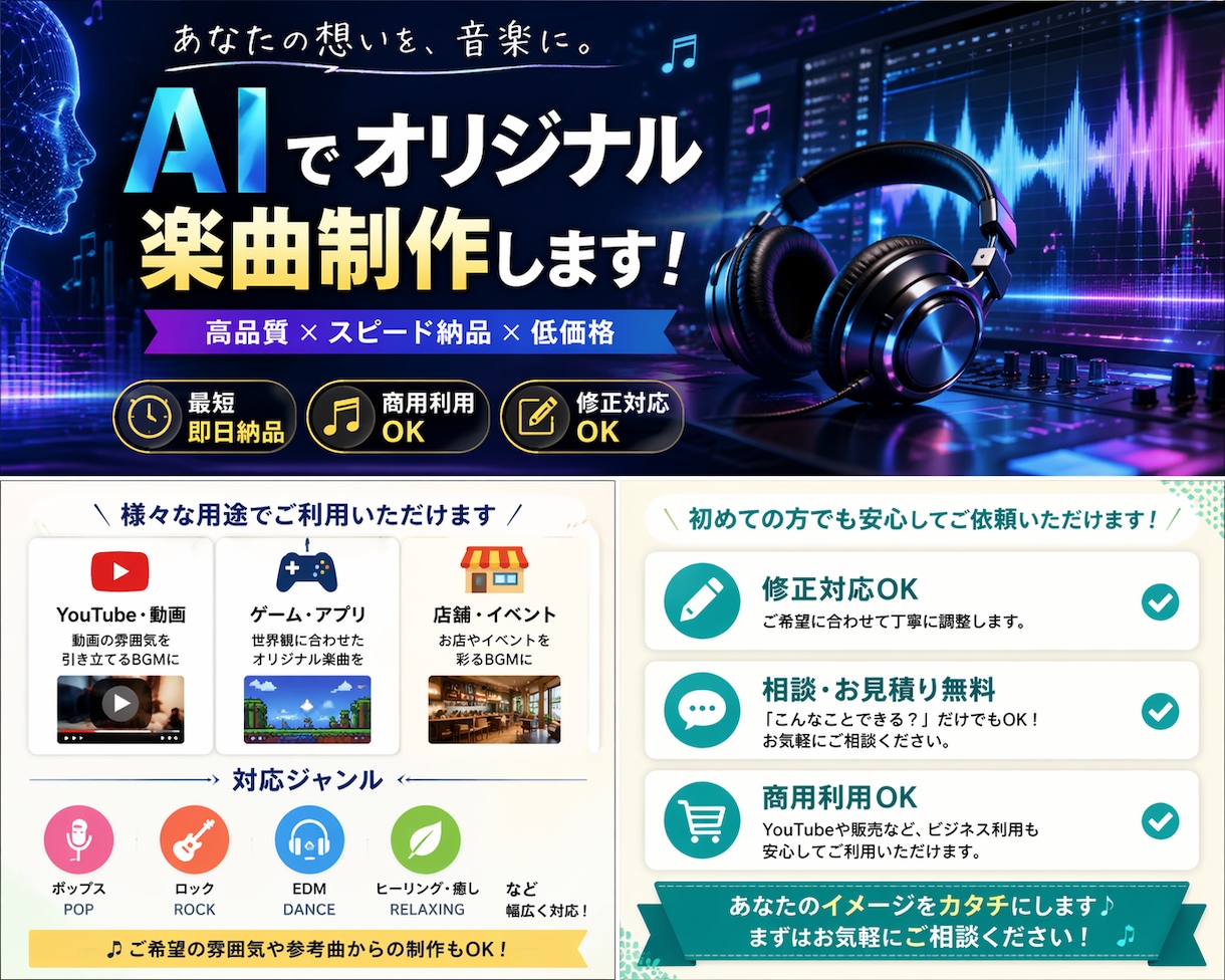 様々なAIを駆使して貴方にあった音楽をつくります AIでオリジナル楽曲制作します（商用利用OK） イメージ1