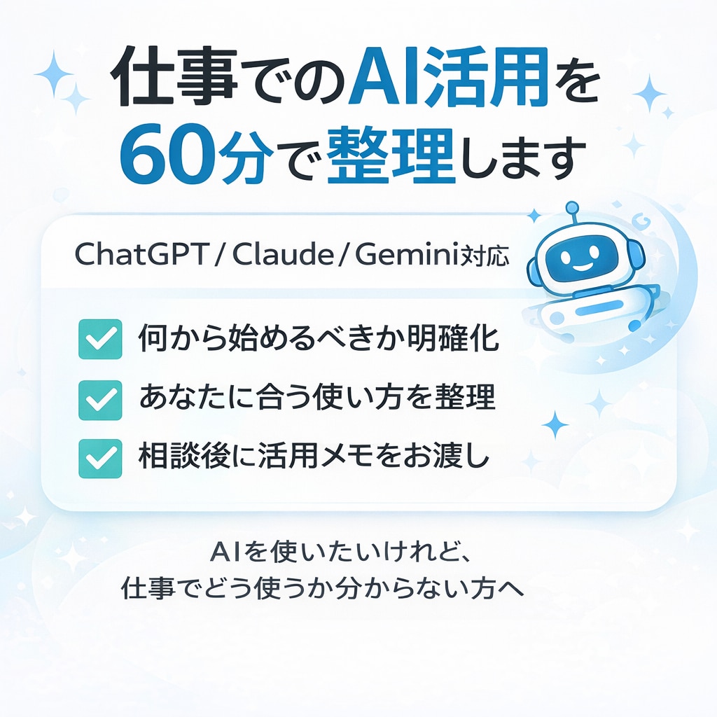 AI活用の悩みを整理し、次の一手を一緒に決めます 仕事や発信に合うAI活用を整理します イメージ1