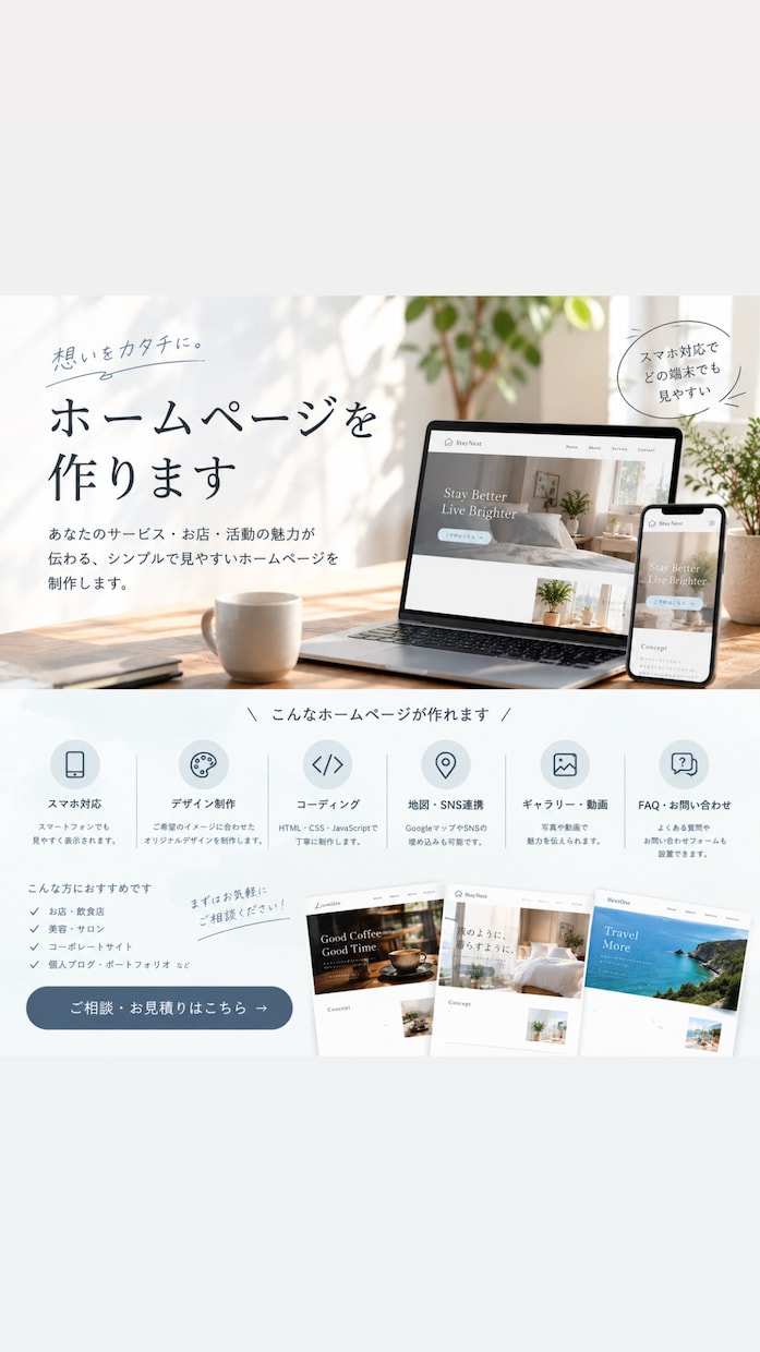 格安！おしゃれで見やすいホームページを制作します スマホ対応・個人店や小規模事業者向け イメージ1
