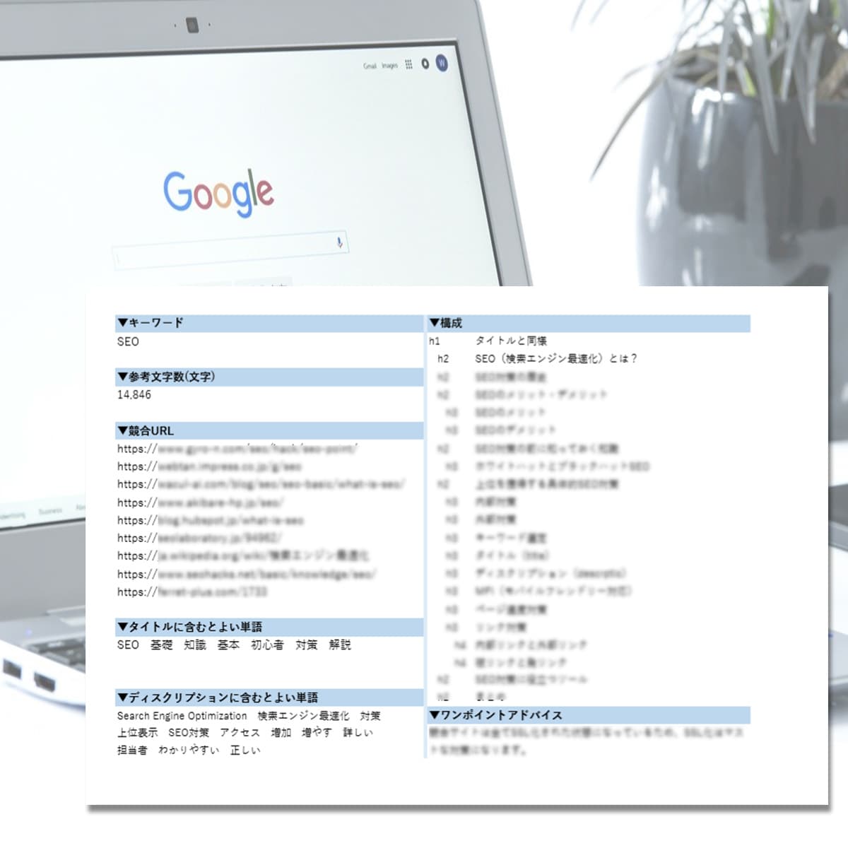 SEO意識した記事コンテンツの構成案を作成します SEO対策記事で検索上位を狙う方におすすめのサービスです！！ イメージ1