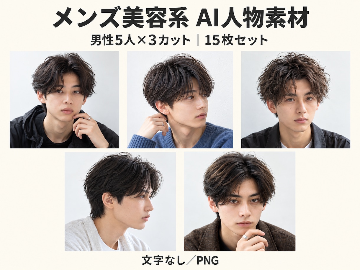 メンズ美容系AI人物素材15枚を販売します 男性5人×各3カット。完成済みの文字なしPNG素材 イメージ1