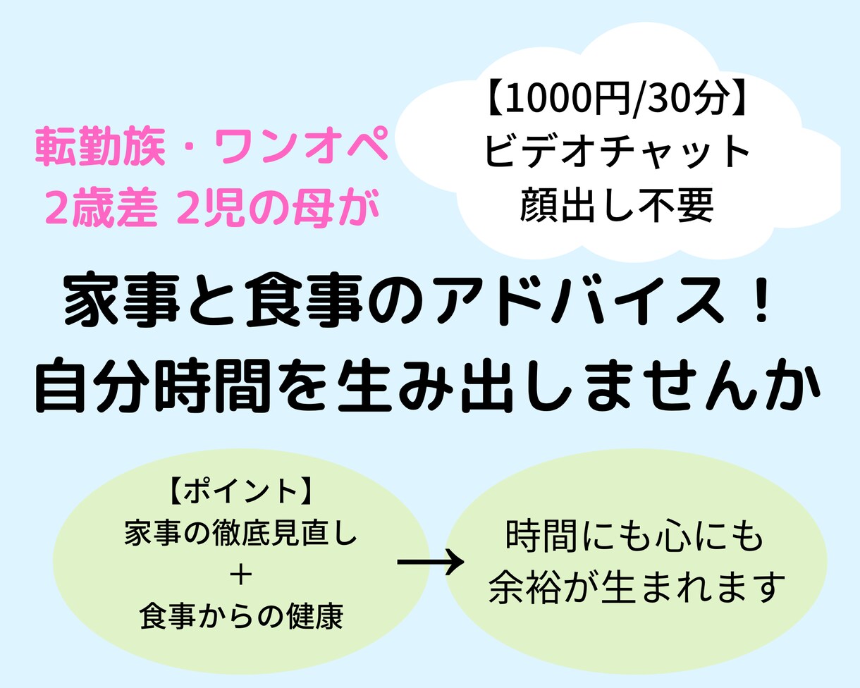 家事と食事をアドバイス！自分時間を生み出します 【ビデオチャット】時間にも心にも余裕を作りませんか？ イメージ1