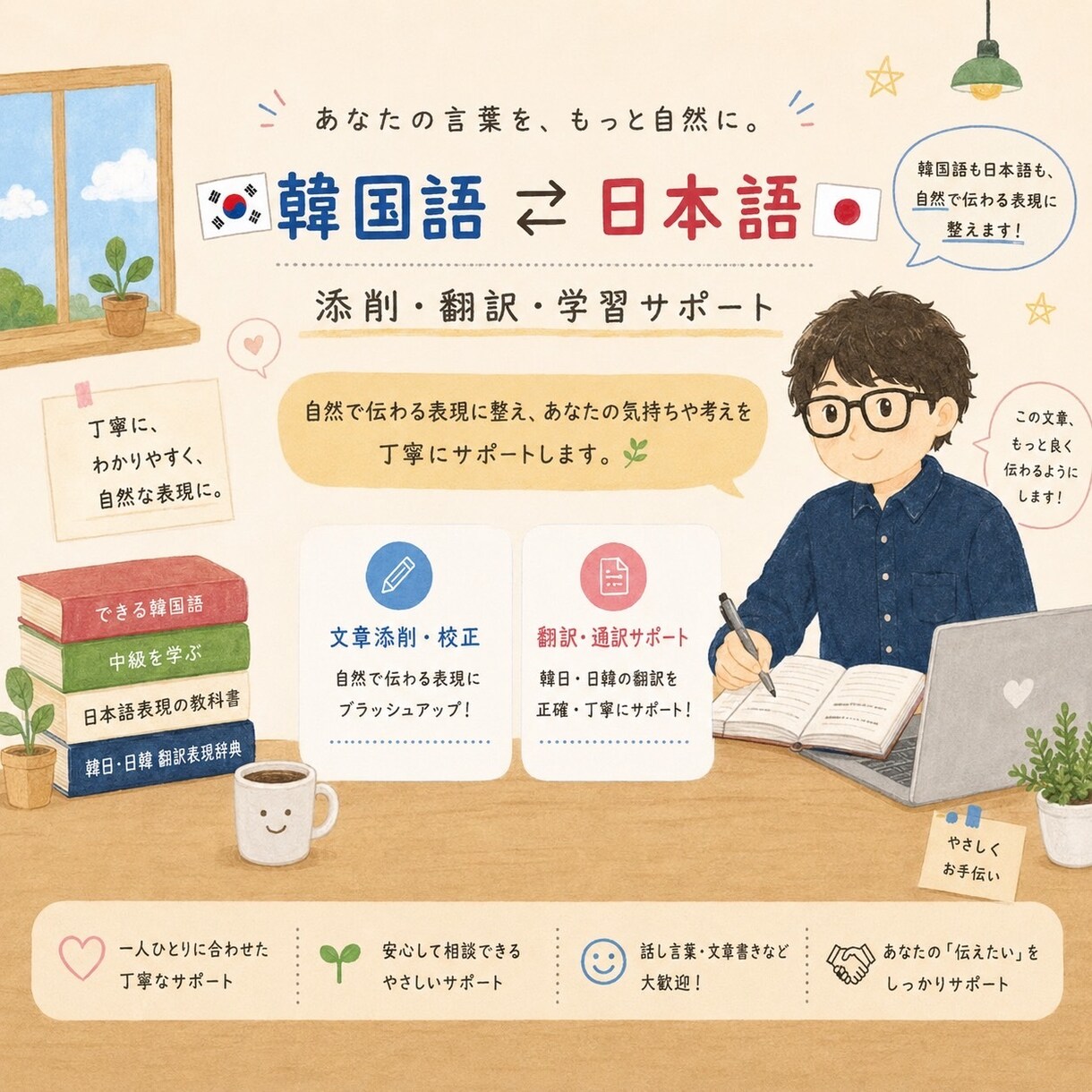 韓国語⇄日本語翻訳、添削のお手伝いします 韓国語と日本語の翻訳・添削を丁寧にサポート。字数制限なし！ イメージ1