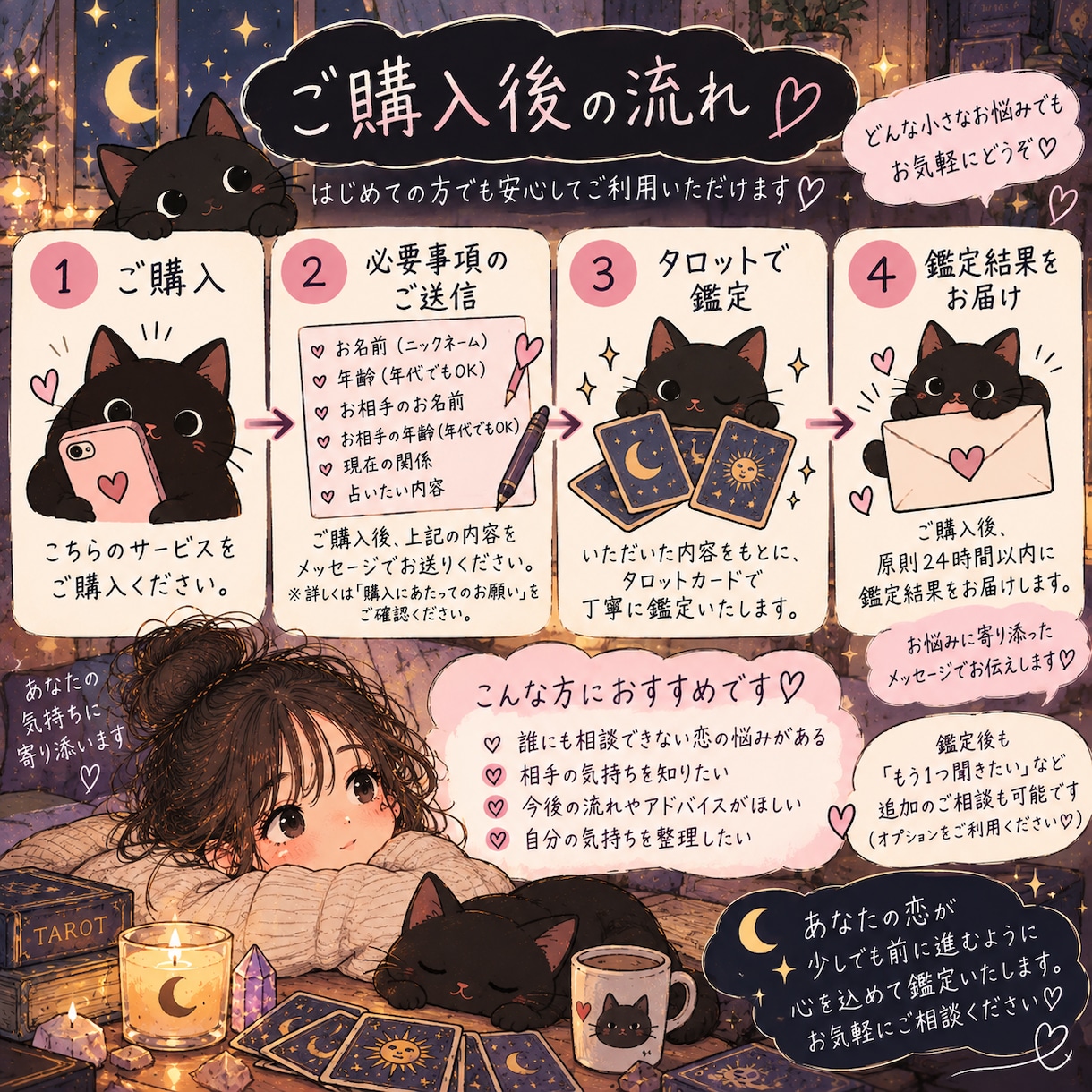 深夜の占い　気になるあの人の本音を読み解きます 誰にも言えない恋のお悩みに、タロットでそっと寄り添います。 イメージ5
