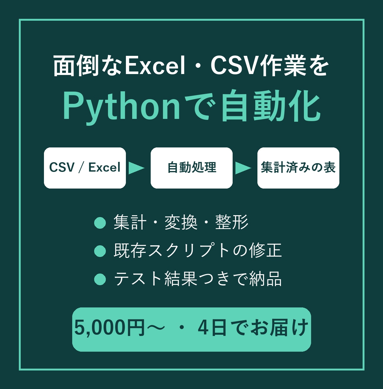 Excel・CSV作業をPythonで自動化します CSV・Excelの集計/変換をテスト済みコードで納品 イメージ1