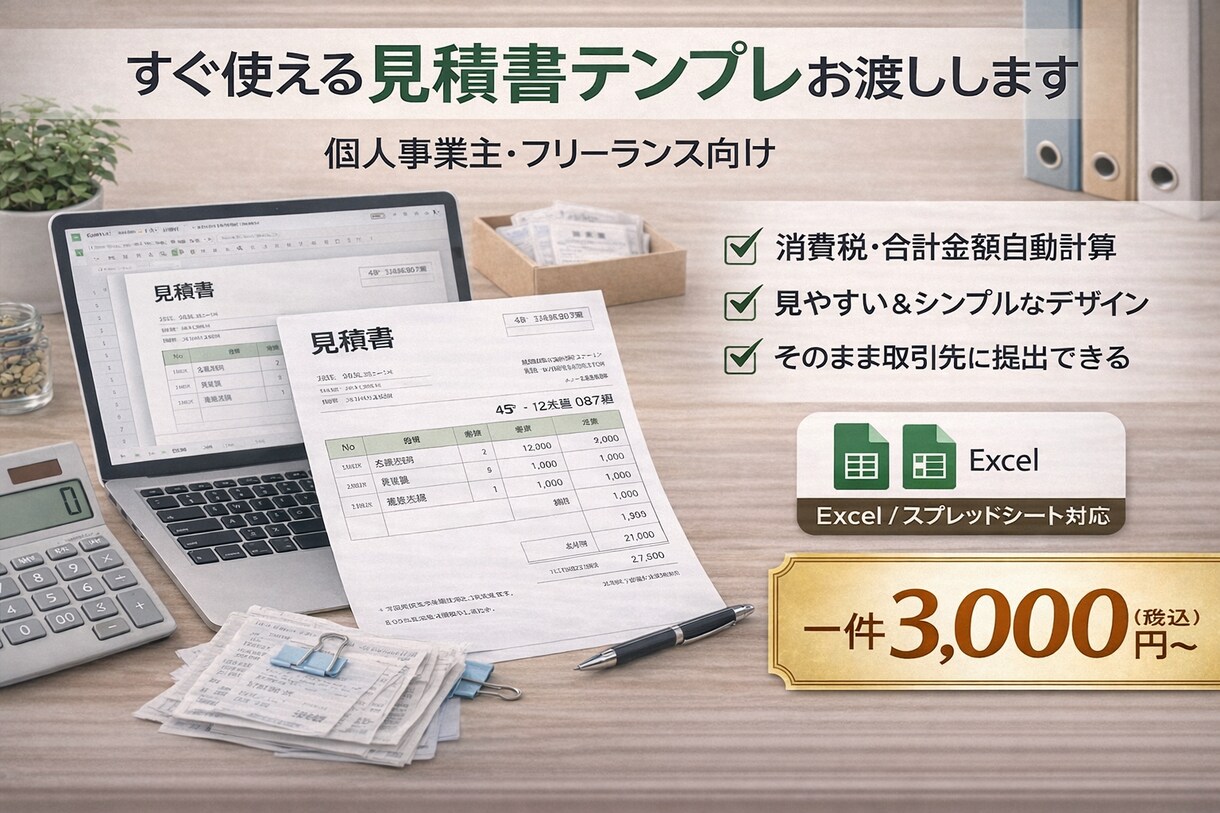 個人事業主フリーランス向け見積書テンプレ渡します 実務レベルの見積書を、すぐ使える形でお渡しします。 イメージ1