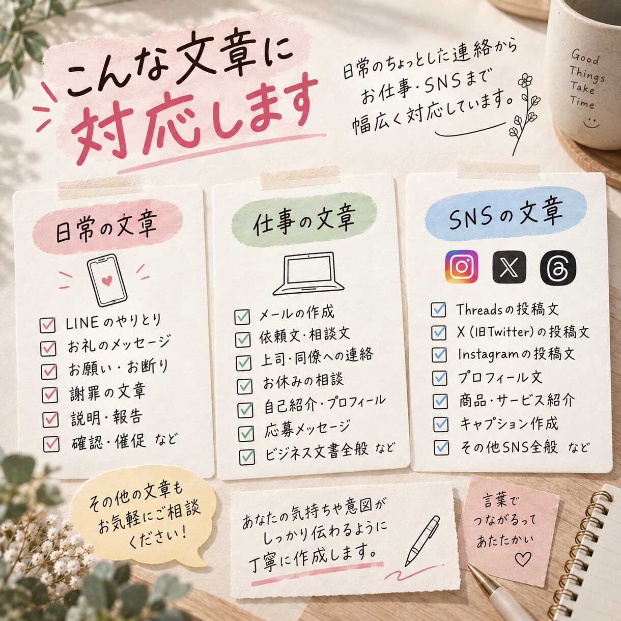 言いたいことを相手に伝わる文章にします まとまっていないメモから、伝わる文章に整えます。 イメージ4