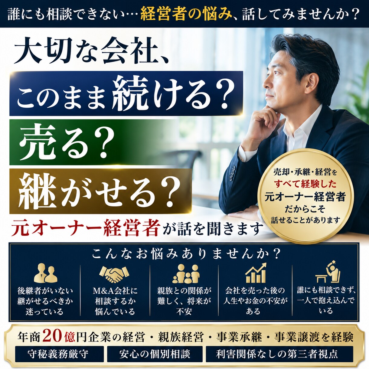会社を売る？継ぐ？続ける？相談乗ります 年商20億円経営と事業譲渡経験者 イメージ1