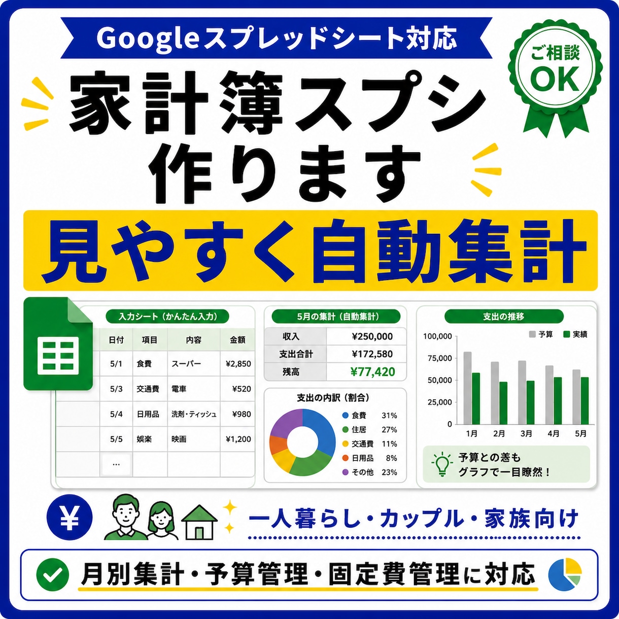 あなた専用の使いやすい家計簿シートを作ります 一人暮らし・同棲・家族の家計管理を見やすくします イメージ1
