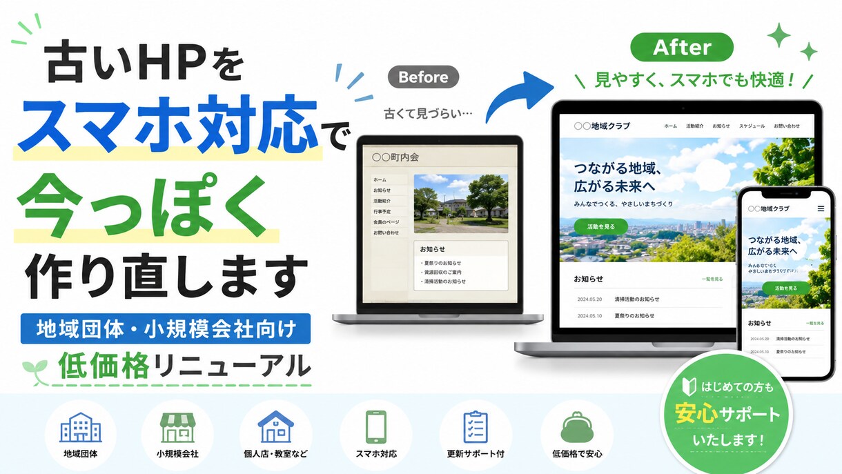古いHPをスマホ対応で作り直します 地域団体・小企業向け低価格リニューアル イメージ1