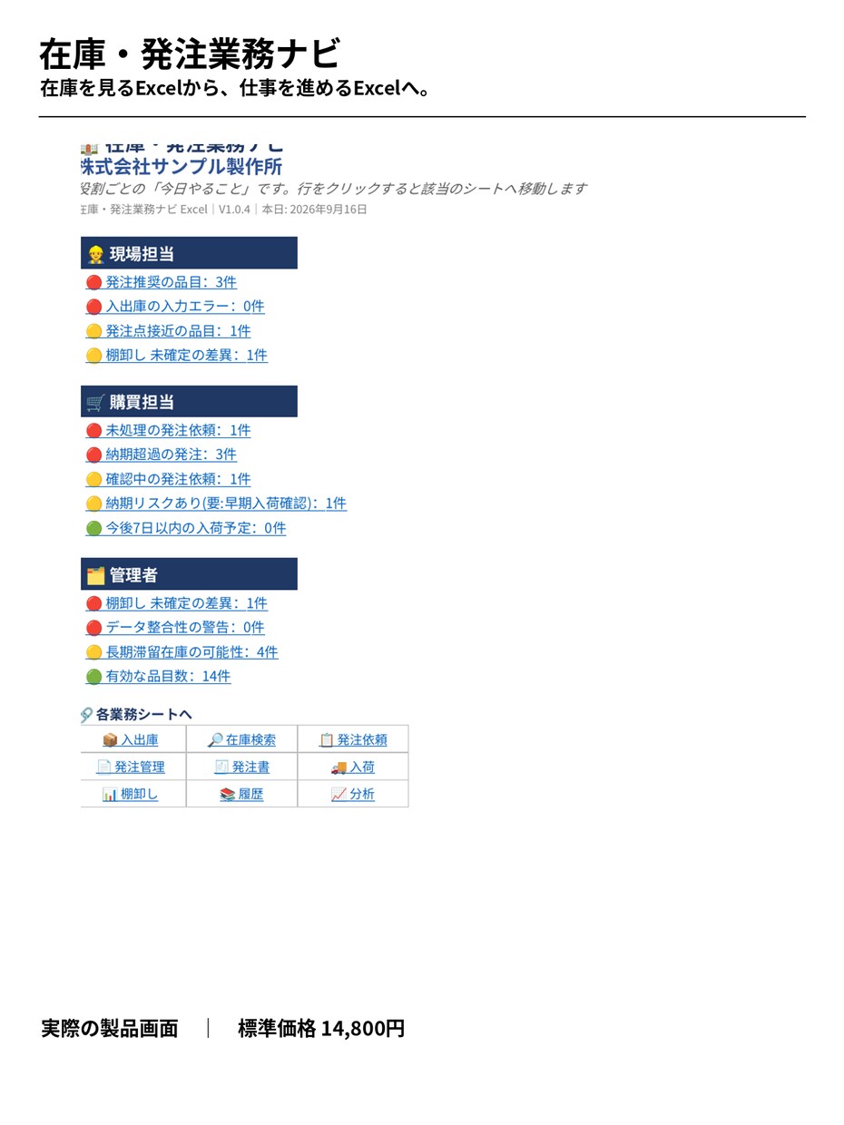 Excelで在庫・発注業務を一元管理します 在庫を見るExcelから、仕事を進めるExcelへ。 イメージ1
