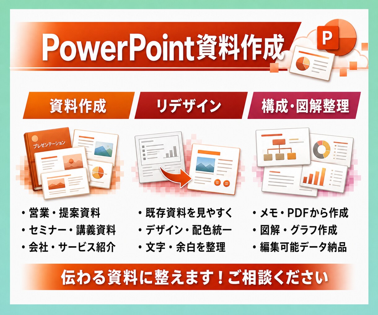 PowerPointの面倒な作業を全て代行します 原稿から見やすく整え、編集可能な形式で納品します イメージ1