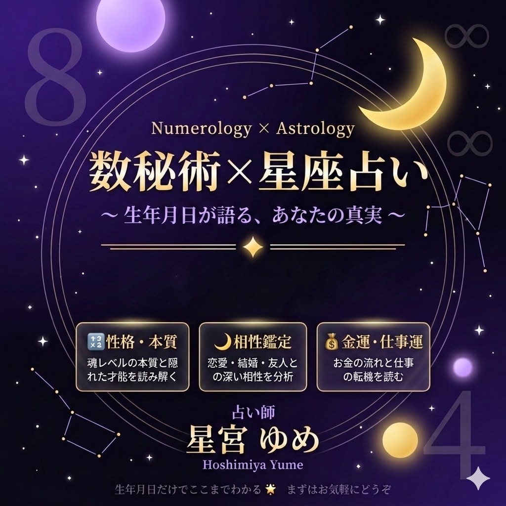 数秘術×星座｜生年月日から読み解きます 数秘術と星座を組み合わせた占いであなたの本質を読み解きます。 イメージ1