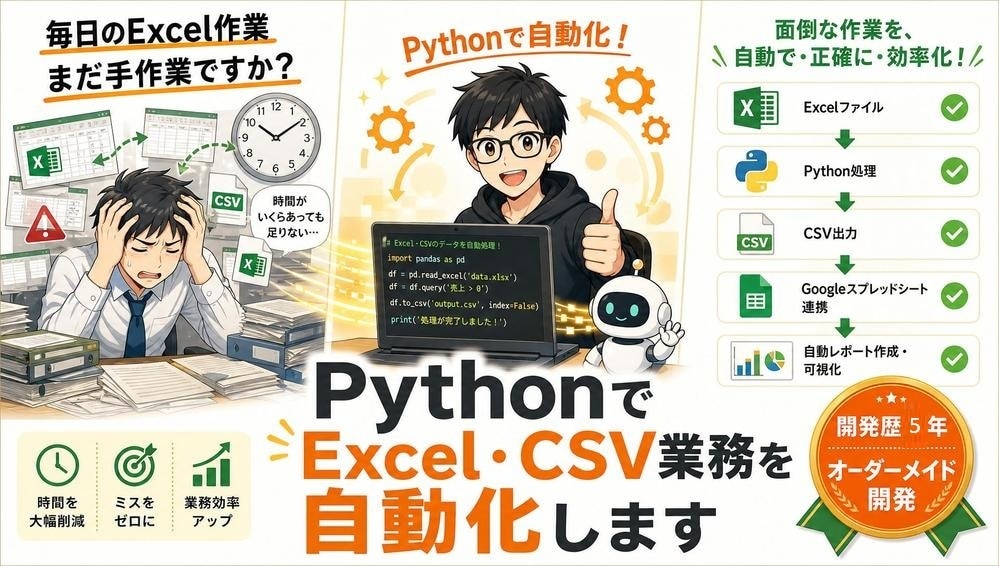 Pythonで業務効率化ツールを開発します PythonでExcel・CSVなどの業務を自動化します イメージ1