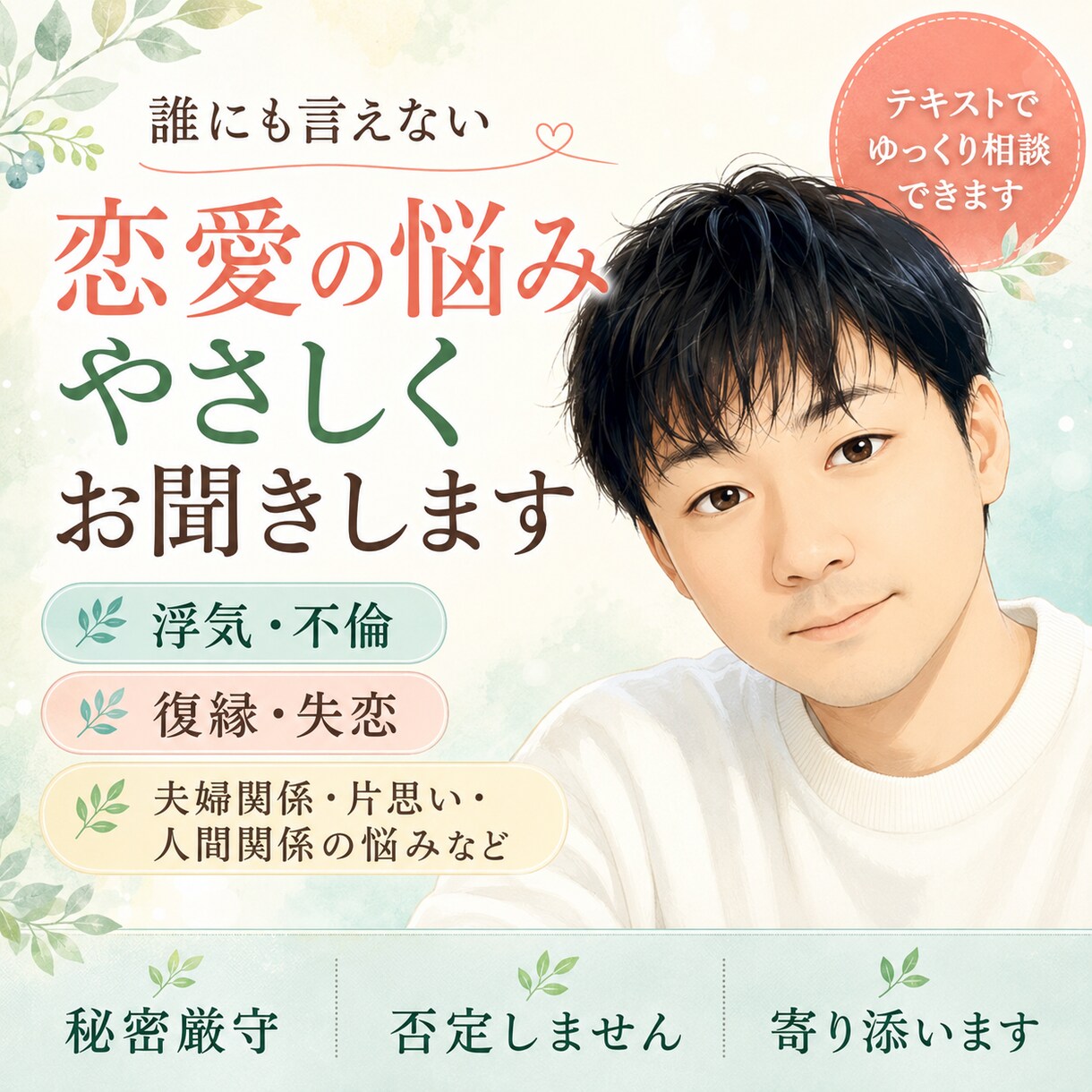 浮気・不倫の悩みを文章でお聞きします メッセージで気軽にご相談ください イメージ3