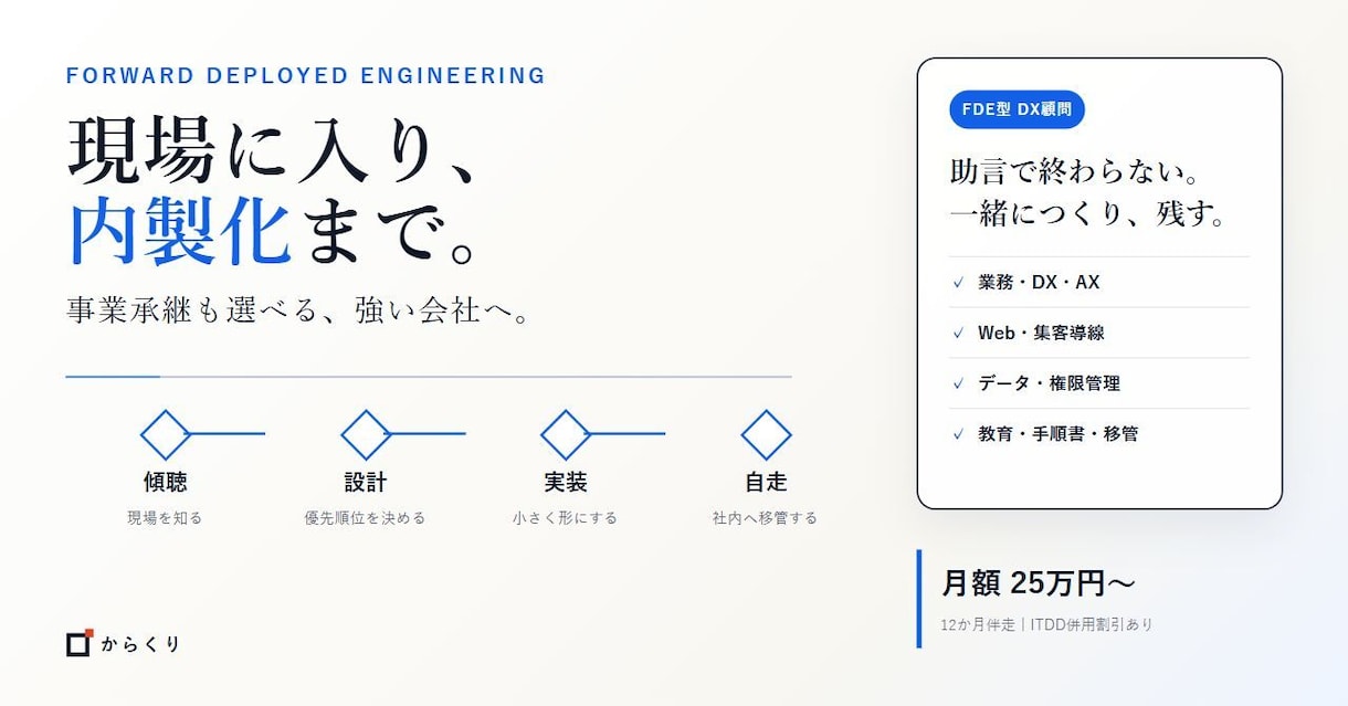 FDE型DX顧問で内製化まで伴走します 事業承継も選べる強い会社へ。設計・実装・移管まで イメージ1
