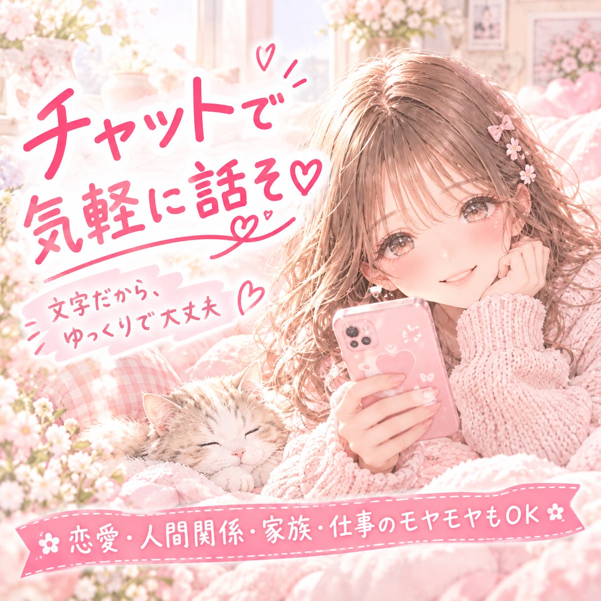 話すのが苦手でも大丈夫！チャットで気軽に話そます 話すの苦手でもあなたの気持ちに、ここねが優しく寄り添います。 イメージ1