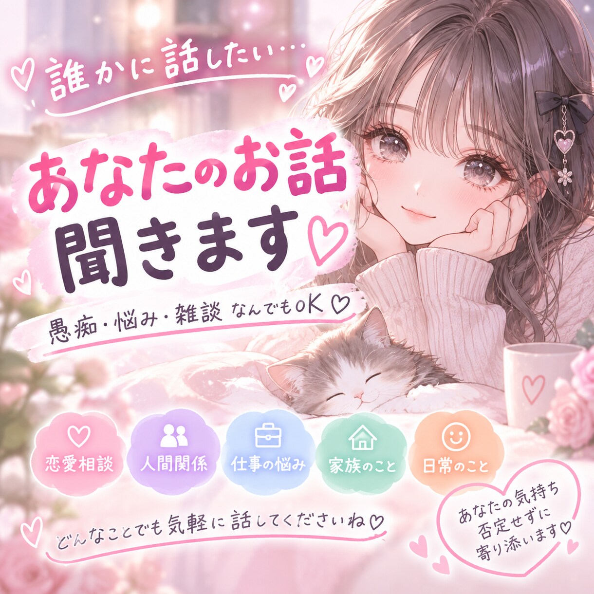 どんなお話でもテキストであなただけに寄り添います 愚痴・子育て・日常・家族・恋愛・人間関係・雑談なんでもOK イメージ1