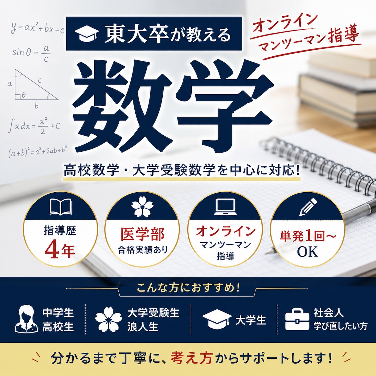 東大卒・指導歴4年｜高校数学を個別指導します 医学部合格の指導実績｜単発OK！考え方から丁寧に解説します イメージ1