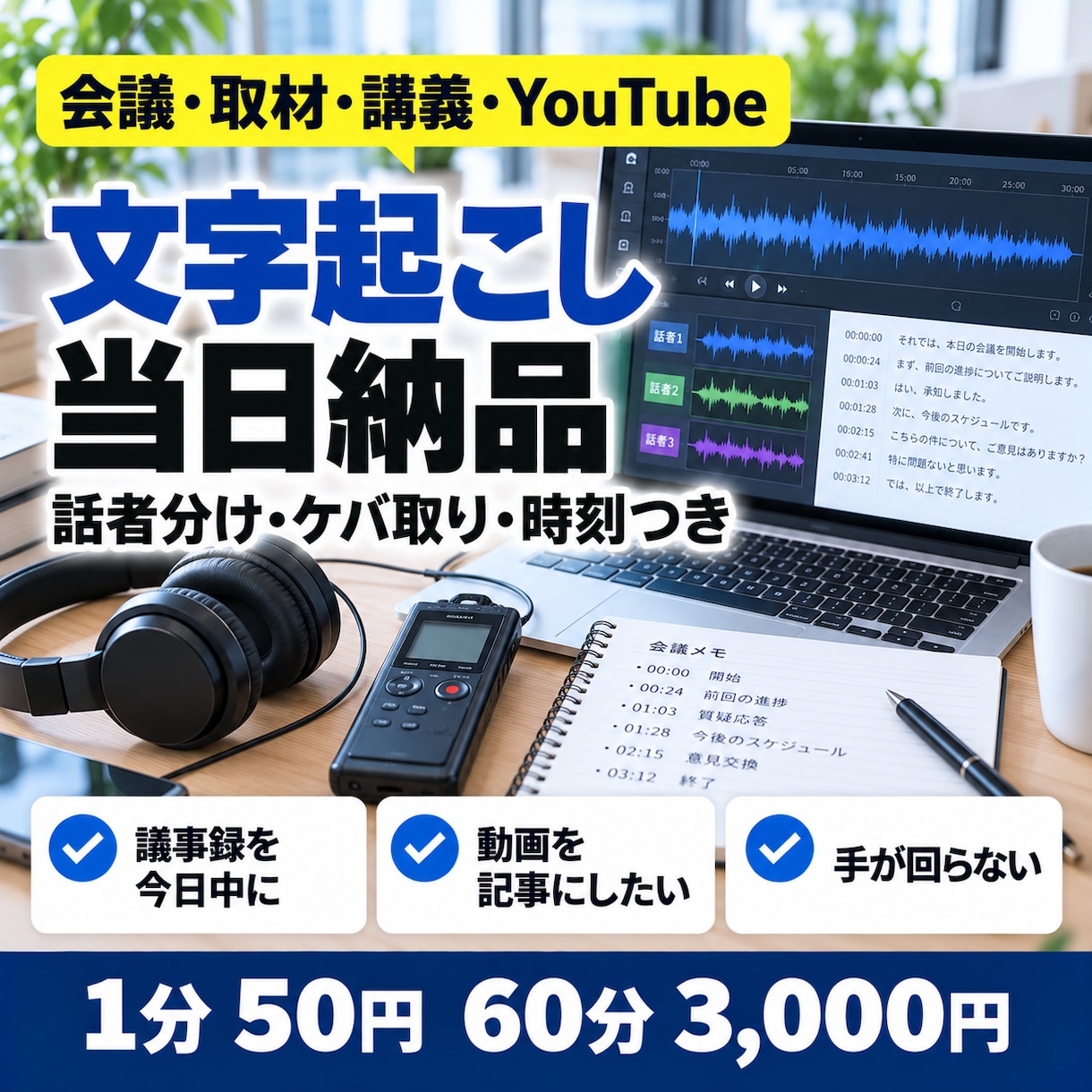 1分50円で会議・動画の文字起こしをします 当日納品◎話者分け・ケバ取り込み。60分3,000円 イメージ1
