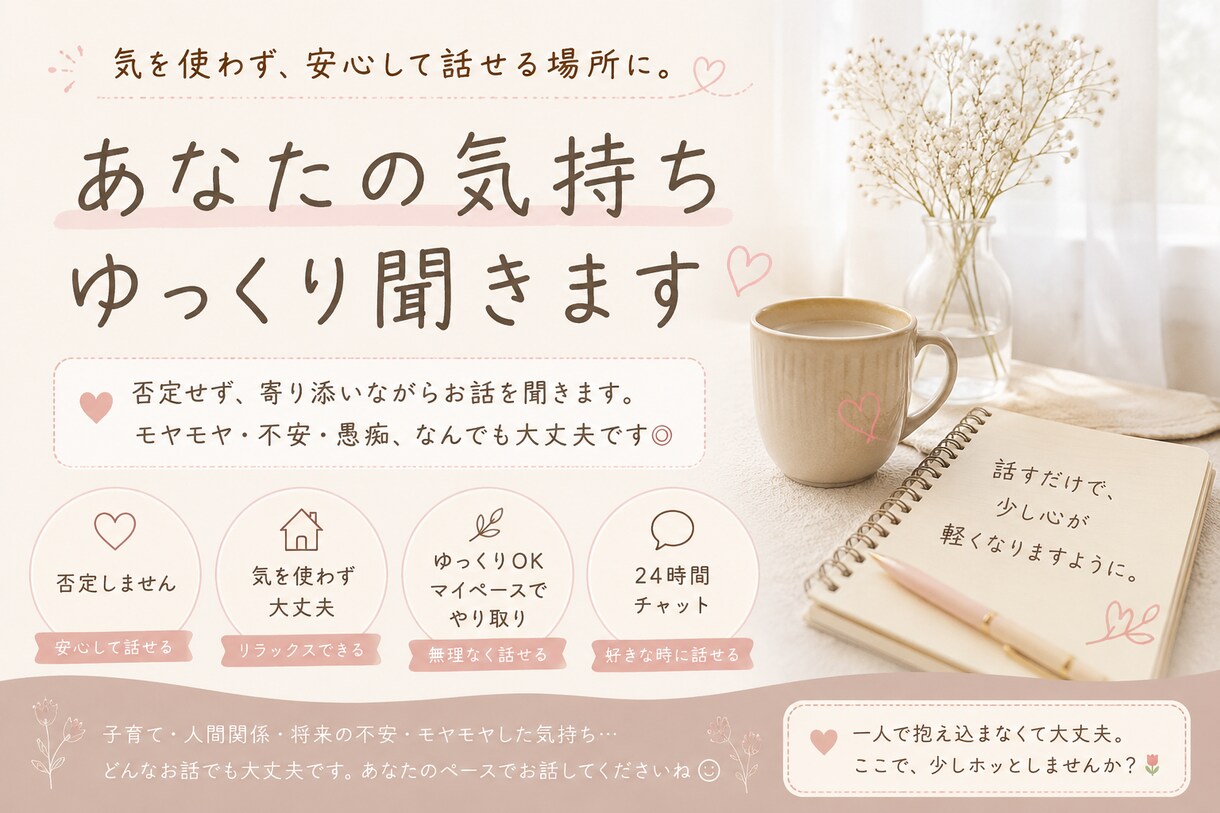 一人で抱え込んでる気持ち聞きます 誰にも言えない悩みや愚痴、ほっとできる場所としてお話聞きます イメージ1