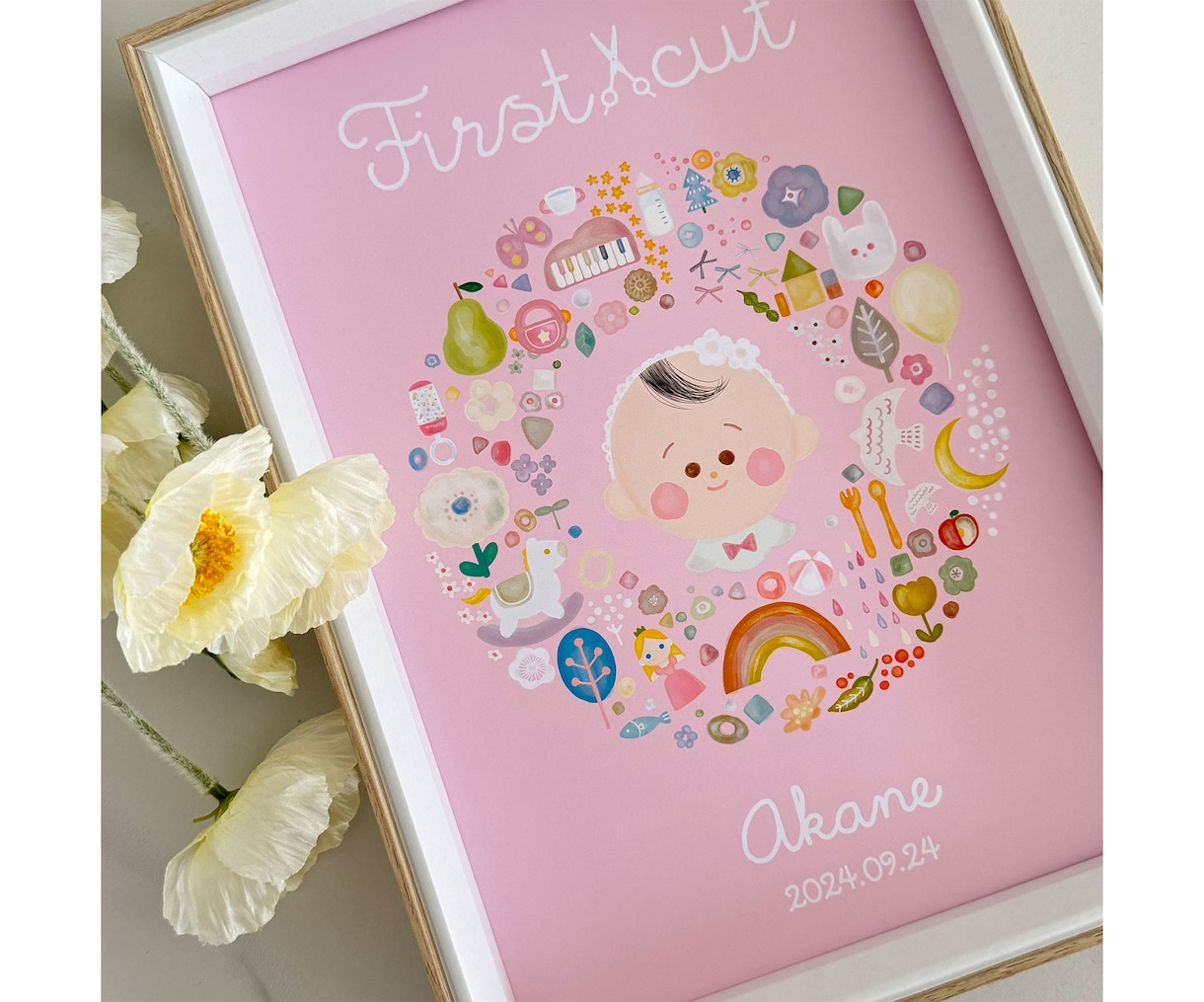 名入り◎お洒落なファーストカットアートお作りします 女の子用/可愛いサークルデザイン/A4サイズ他/配送のみ イメージ1