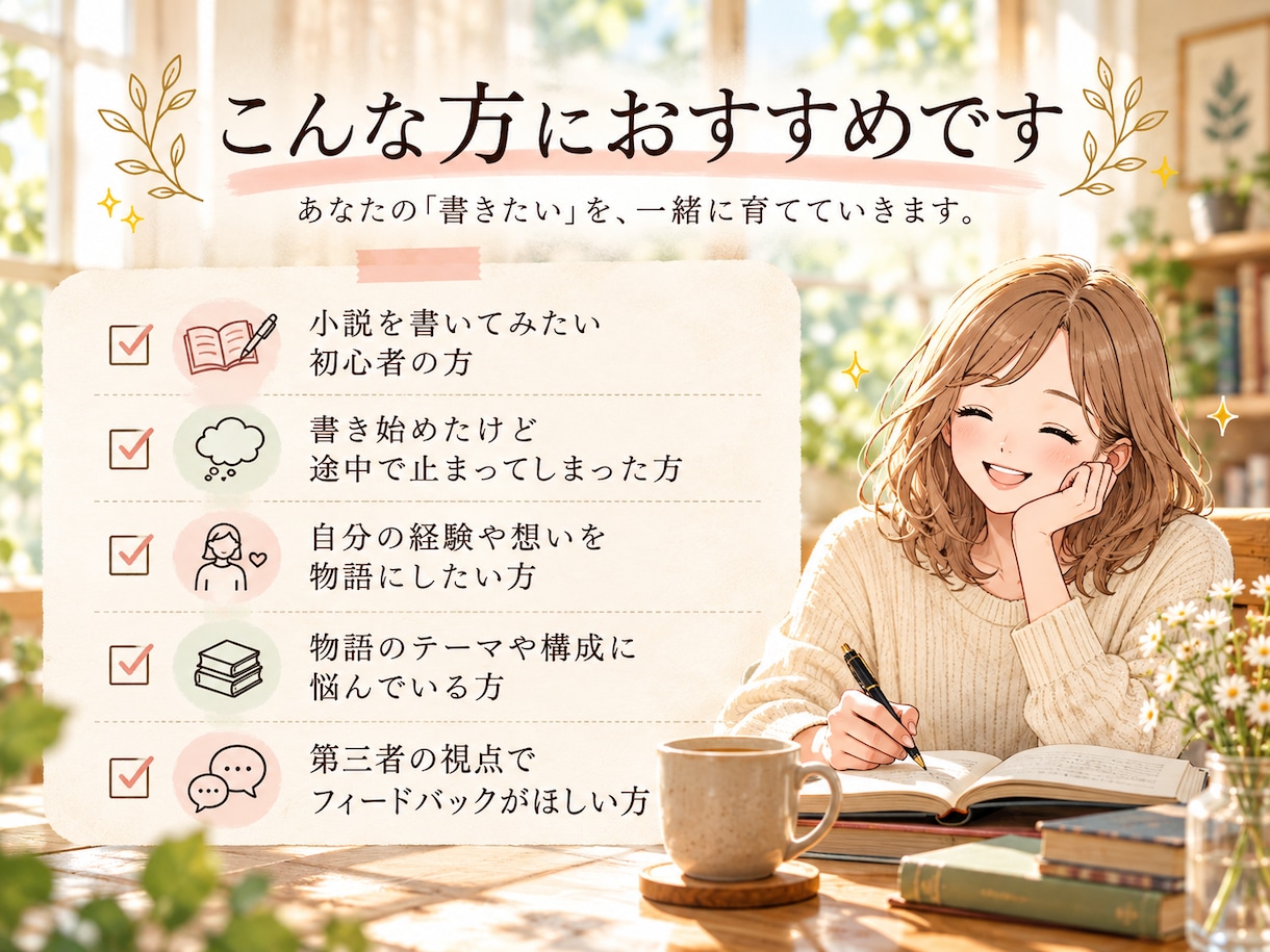 書きたい想いを物語に。小説家が30日間伴走します まずは、貴方らしい物語の紡ぎ方を対話で一緒に見つけましょう。 イメージ8