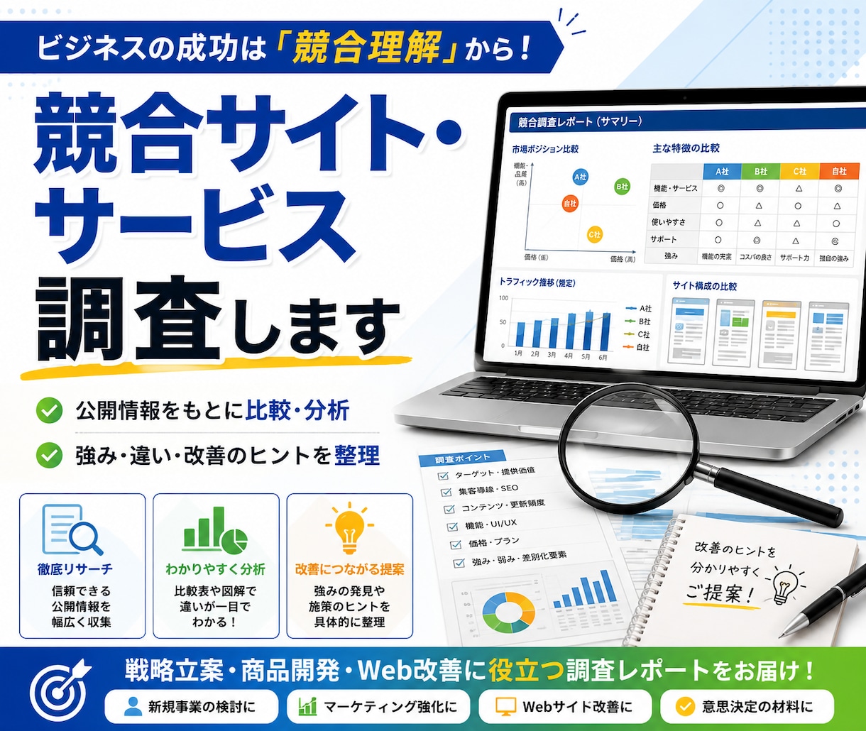 競合サイト・サービスを比較調査します 公開情報から価格・特徴・強みの違いを整理します イメージ1