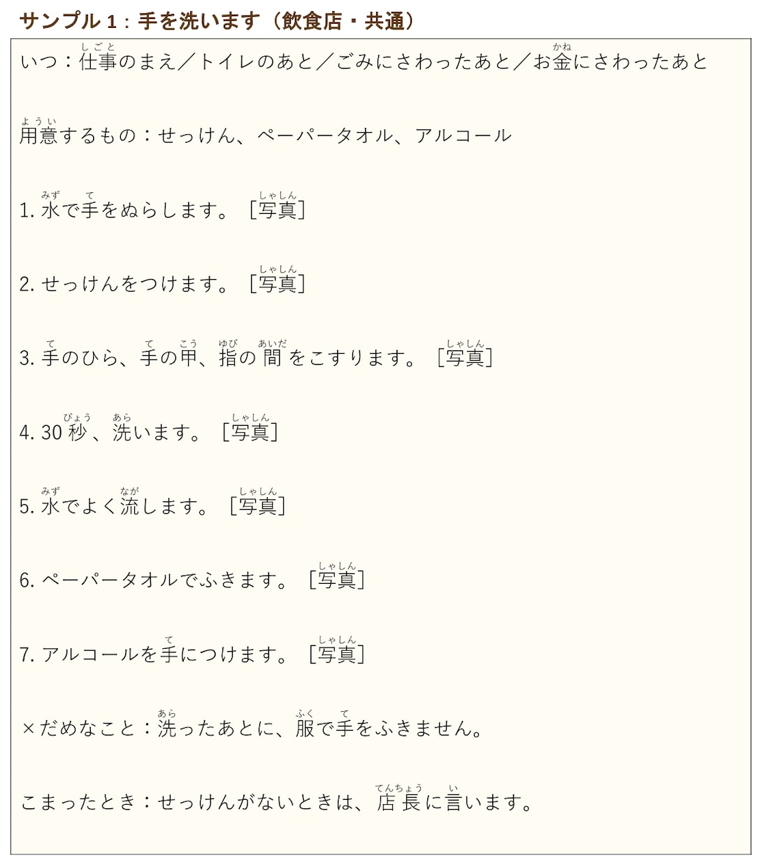外国人スタッフ向けのやさしい日本語手順書を作ります ふりがな・写真つき。教える時間がない店へ イメージ2
