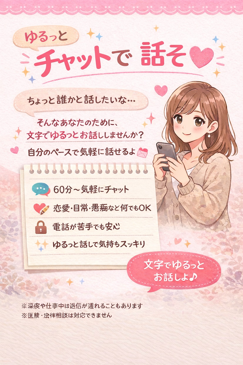 ゆるっとお話★あなたの気持ちを聞きます 電話は苦手だけど誰かに聞いてほしい。チャットで話す時間 イメージ1