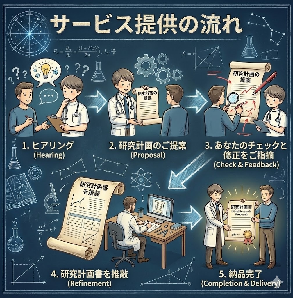 伴走型支援で研究計画書をともに作成します 研究計画書をあなた主導で作成するための伴走をします イメージ2