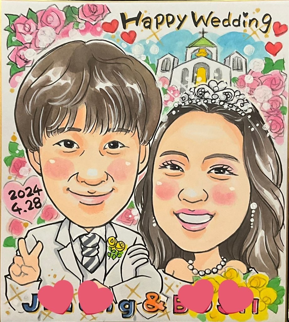 結婚祝い・ウェルカムボードに手描き似顔絵描きます 水彩手描き似顔絵♡おまかせ背景無料！！送料込み イメージ5