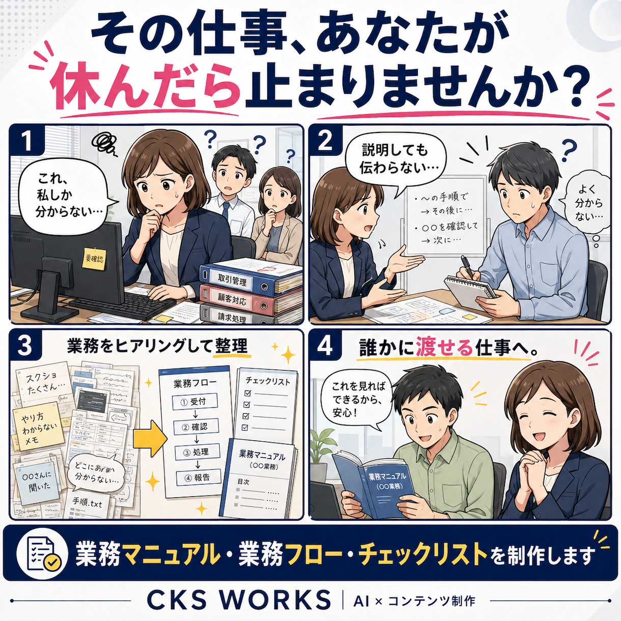 整理できていない業務をマニュアル化します ヒアリングから業務をほどいて誰かに渡せる形へ イメージ1