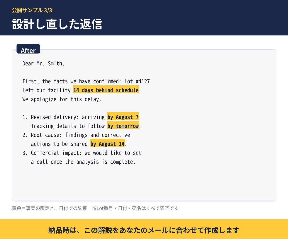 海外との英文メール(クレーム・催促等)を添削します 相手を怒らせず要求を通す。「なぜこう書くか」の解説つき イメージ4