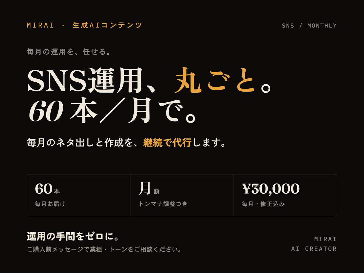 SNS投稿を毎月60本まとめて継続作成します 業種とトンマナに合わせ毎月の投稿作業を軽減 イメージ1