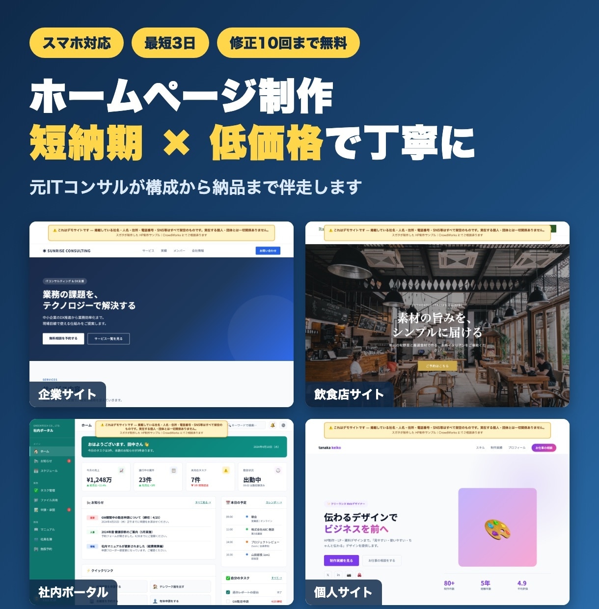スマホ対応のホームページを短納期で制作します 元ITコンサルが構成から丁寧に｜最短3日・修正10回まで イメージ1