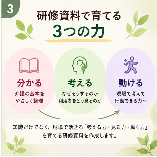 介護初心者が考えて動ける研修資料を作成します 施設の理念や方針を聞き、その施設らしい新人研修資料を作ります イメージ3