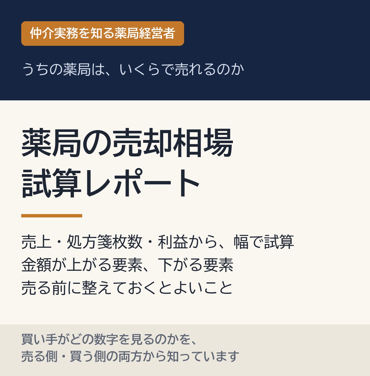 薬局の売却相場を試算してレポートにします 仲介実務を知る薬局経営者が、数字の見方まで解説します イメージ1