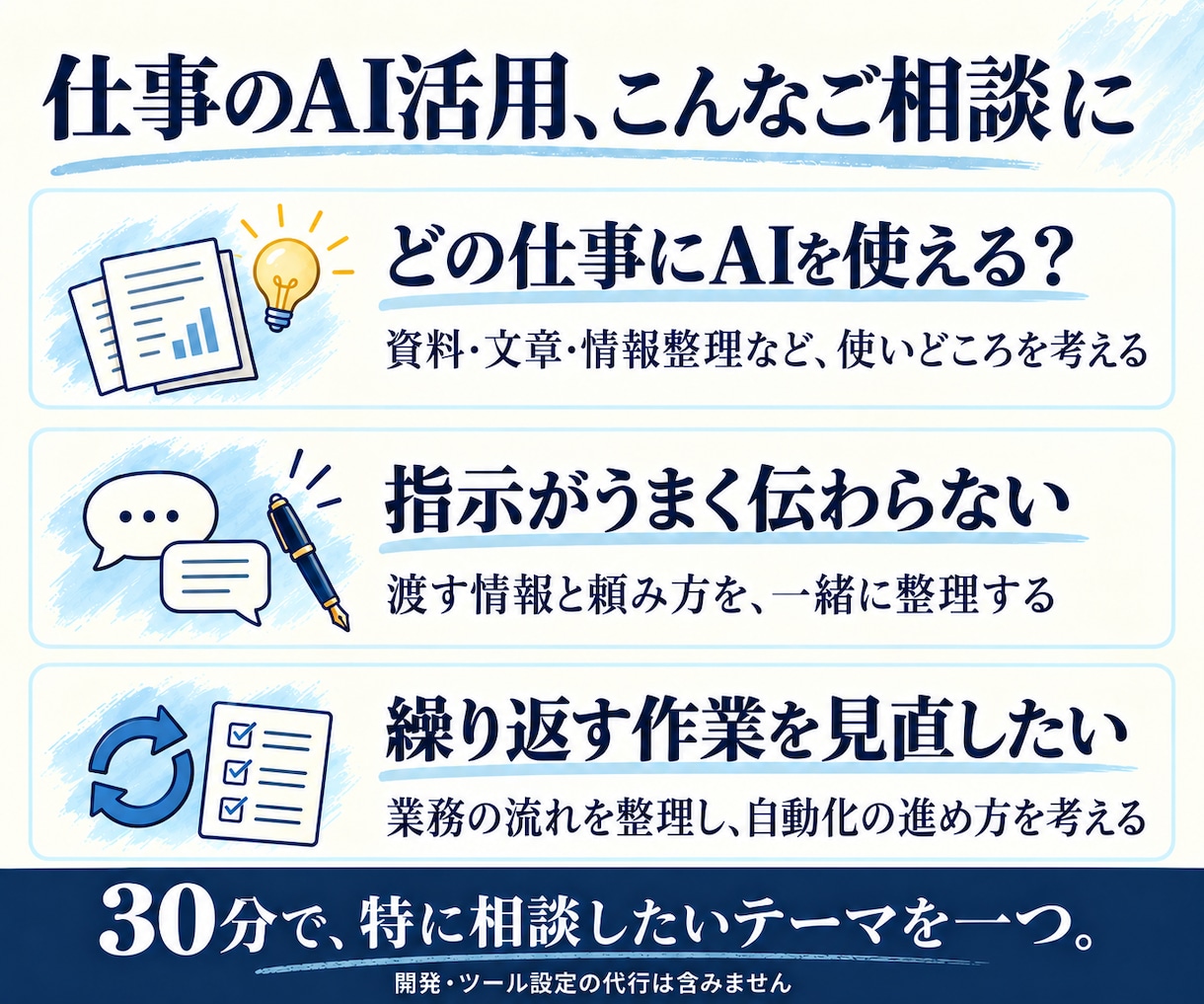 仕事でのAI活用と業務効率化の相談に乗ります 資料・文章・情報整理に、AIをどう使うか一緒に考えます イメージ2