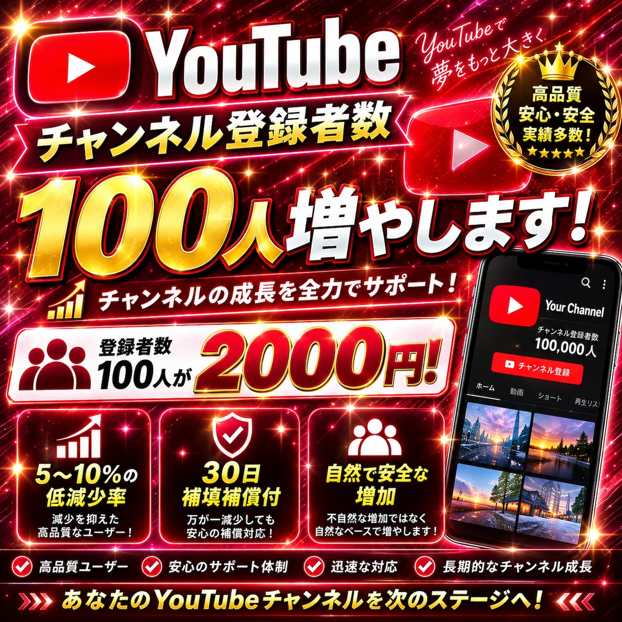 YouTube登録者数100人増やしますます チャンネル登録者数100人|低減少率で30日補填補償付| イメージ1