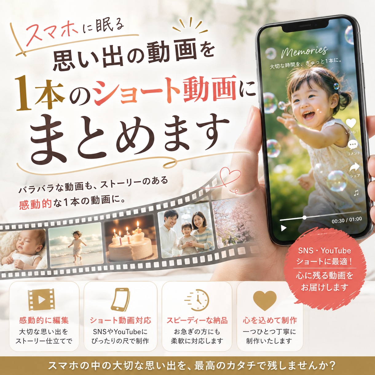 大切な思い出の動画たちをショート動画にまとめます 大切な瞬間を、お好きなBGMにのせて1本にぎゅっと。 イメージ1