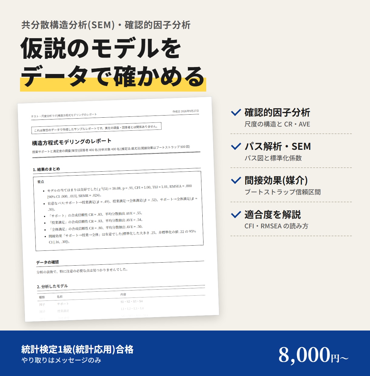 共分散構造分析・確認的因子分析をRで行います 統計検定1級(統計応用)合格者が適合度の読み方まで解説 イメージ1