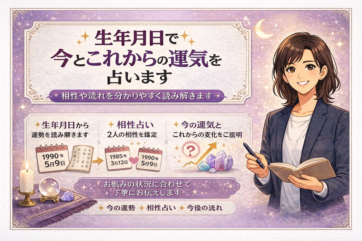 生年月日で今とこれからの運気を占います 性格、相性や運気の流れを分かりやすく読み解きます イメージ1