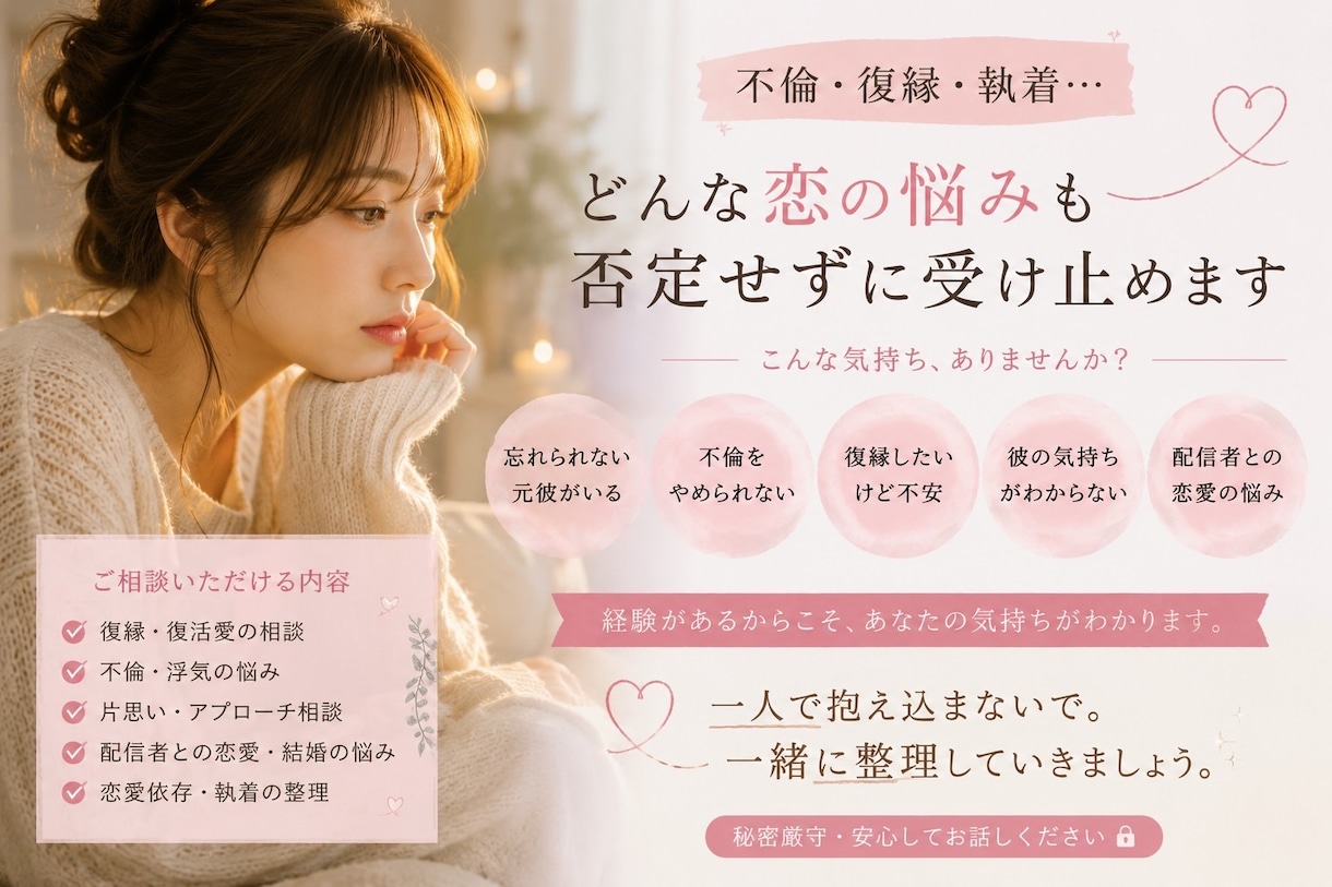 恋愛の苦しい悩み受け止めます 不倫・執着・復縁、どんなことも受け止めます。 イメージ1