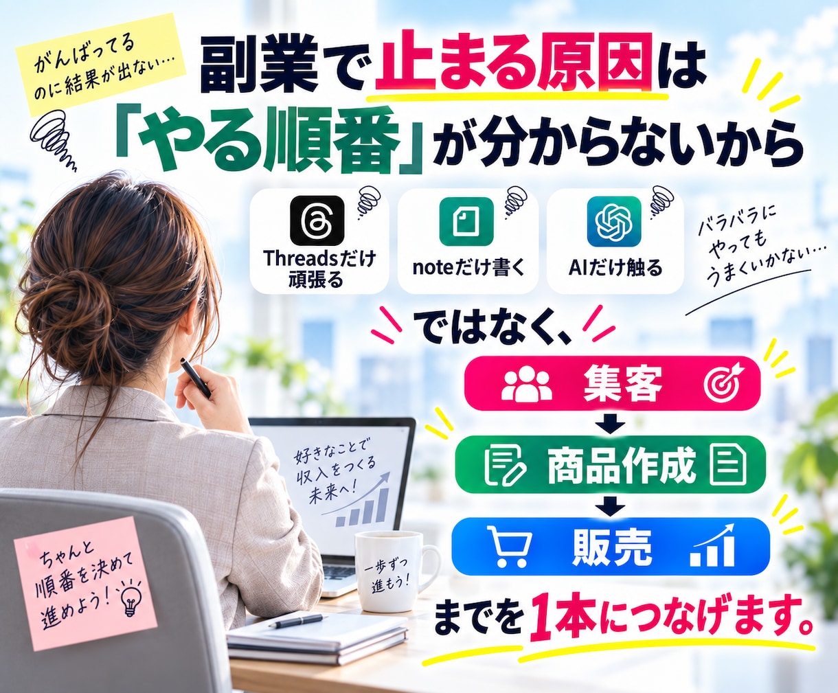 副業迷子の会社員をnote販売まで導線化します Threads×note×AI時短で月5万副業を在宅で目指す イメージ3
