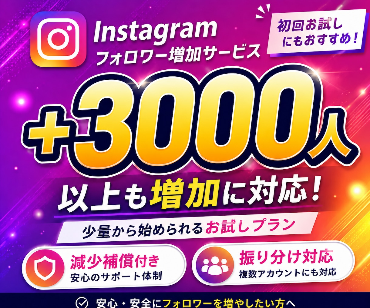 Instagramフォロワー3000人〜増加します インスタ｜小ロット3000人パッケージ｜10日補填つき イメージ1