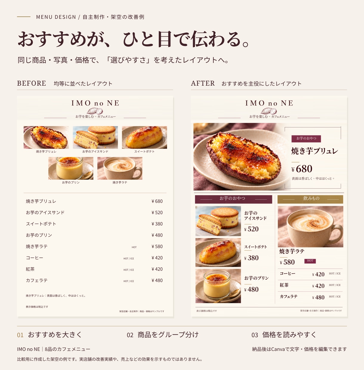 おすすめ料理が伝わる飲食店メニューを作ります 写真あり・なし対応。お店の魅力と選びやすさを整理 イメージ2